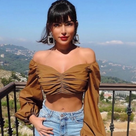 Zara Pecan Ruched Off Shoulder Crop Top Puff Long Sleeve Blouse - Picture 4 of 5